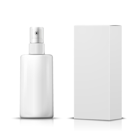 3d vector realistic spray bottle with paper box on white background with reflection. Mock up for product package branding.のイラスト素材