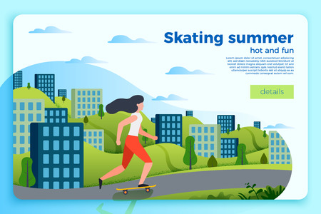 Vector bright summer skating banner template with girl on a skate. City and green hills on a bright blue background.のイラスト素材