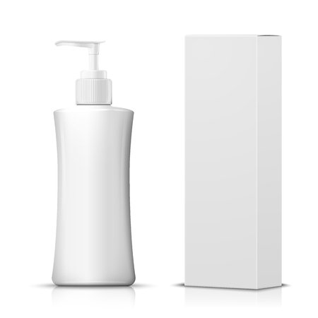 Vector 3d realistic shampoo pump bottle with paper box on white background with reflection. Mock-up for product package branding.のイラスト素材