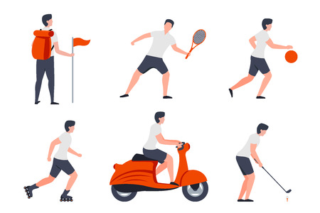 Vector set of man in different summer activities - hike, tennis, basketball, roller skate, motorbike, golf.のイラスト素材
