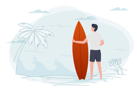Vector illustration - man on a beach, holding surfboard. Ocean, surfers, palms and hills on background. Banner, poster template with place for your text.のイラスト素材