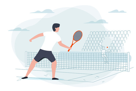 Vector illustration - tennis game. Man with racket on background with court. Banner, poster template with place for your text.のイラスト素材