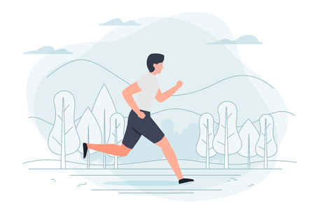 Vector illustration - running man. Park, forest, trees and hills on background. Banner, poster template with place for your text.のイラスト素材