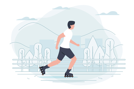 Vector banner template with roller boy. City, trees and hills on a blue background.のイラスト素材