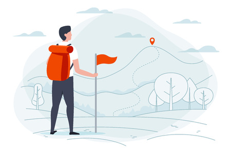 Vector illustration - camping man. Park, forest, trees, mountains on background. Banner, poster template with place for your text.のイラスト素材