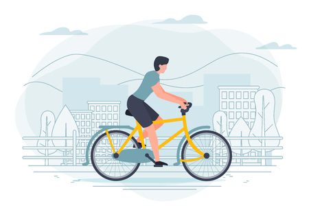 Vector banner template with man on a bike. City, trees and hills on a blue background.のイラスト素材