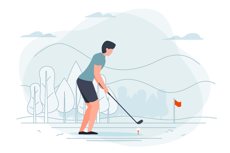 Vector illustration - man playing golf. Park, forest, trees and hills on background. Banner, poster template with place for your text.のイラスト素材