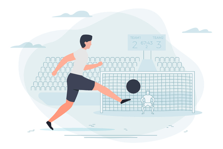 Vector illustration - football player. Goalkeeper and stadium with scoreboard on background. Banner, poster template with place for your text.のイラスト素材