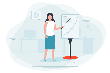 Vector illustration - girl showing presentation in office.  Banner, poster template with place for your text.のイラスト素材