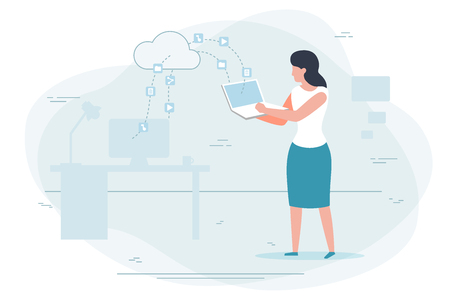 Vector illustration - girl working at home, cloud technologies concept.  Banner, poster template with place for your text.のイラスト素材