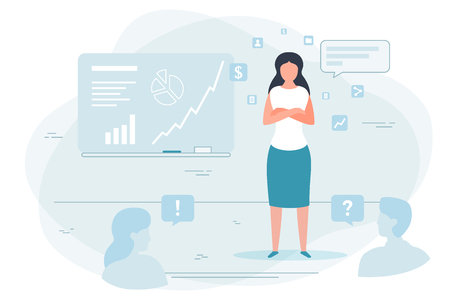 Vector illustration - confident woman showing presentation in office, answering questions.  Banner, poster template with place for your text.のイラスト素材