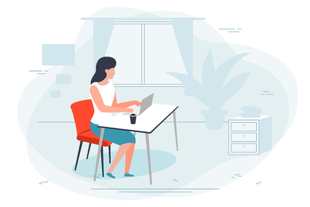 Vector illustration - girl working at home, office. Window, plant, pictures on background. Banner, poster template with place for your text.のイラスト素材
