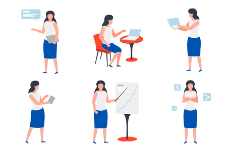 Vector set of business girls in different work situations - chat, presentations, brake, confidence.のイラスト素材