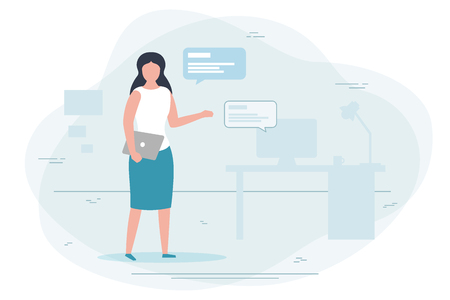 Vector illustration - girl working at home, chat concept.  Banner, poster template with place for your text.のイラスト素材