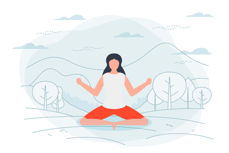Vector illustration - girl in yoga lotus pose. Park, forest, trees and hills on background. Banner, poster template with place for your text.のイラスト素材