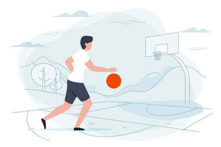 Vector illustration - basketball player. Man with ball on playground with hills and forest on background. Banner, poster template with place for your text.のイラスト素材