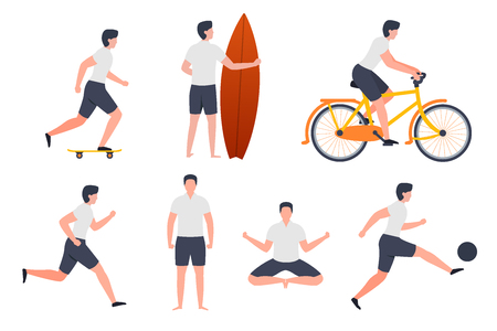 Vector set of man in different summer activities - skate, running, yoga, football, surfing, cycling.のイラスト素材