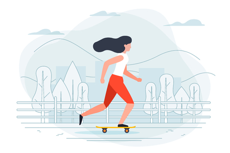 Vector banner template with girl on a skate. City, trees and hills on a blue background.のイラスト素材