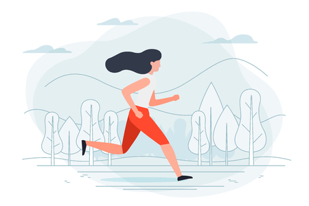 Vector illustration - running girl. Park, forest, trees and hills on background. Banner, poster template with place for your text.のイラスト素材