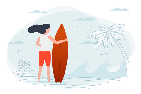 Vector illustration - girl on a beach, holding surfboard. Ocean, surfers, palms and hills on background. Banner, poster template with place for your text.のイラスト素材