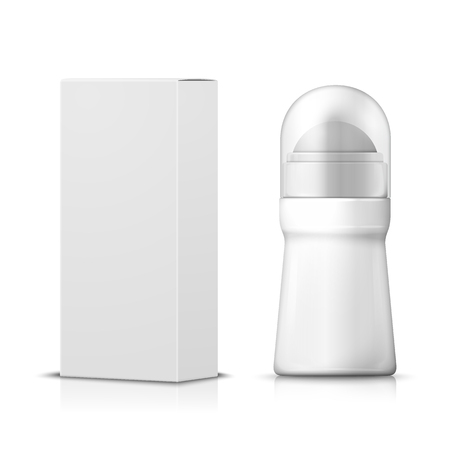 Vector 3d realistic deodorant with paper box. Mock-up for product package branding.のイラスト素材