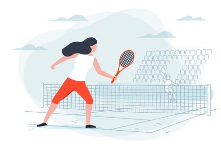 Vector illustration - tennis game. Girl with racket on background with court. Banner, poster template with place for your text.のイラスト素材