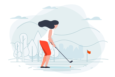 Vector illustration - girl playing golf. Park, forest, trees and hills on background. Banner, poster template with place for your text.のイラスト素材