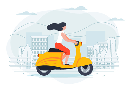 Vector banner template with girl on a motorbike. City, trees and hills on a blue background.のイラスト素材
