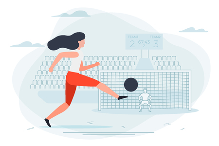 Vector illustration - girl football player. Goalkeeper and stadium with scoreboard on background. Banner, poster template with place for your text.のイラスト素材