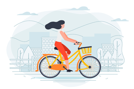 Vector banner template with girl on a bike. City, trees and hills on a blue background.のイラスト素材