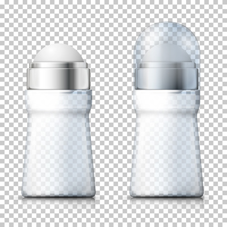 Vector 3d realistic set of transparent deodorant bottles with plastic cap, open and closed on plaid background. Mock-up for product package branding.のイラスト素材