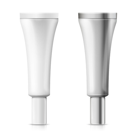Vector set - 3d realistic makeup tubes, plastic and aluminum, standing on the caps. Mock-up for product package branding.のイラスト素材