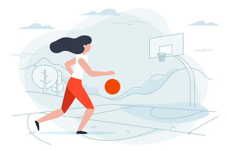 Vector illustration - basketball player. Girl with ball on playground with hills and forest on background. Banner, poster template with place for your text.のイラスト素材