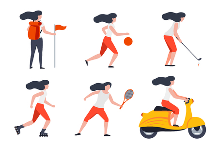 Vector set of girls in different summer activities - hike, tennis, basketball, roller skate, motorbike, golf.のイラスト素材