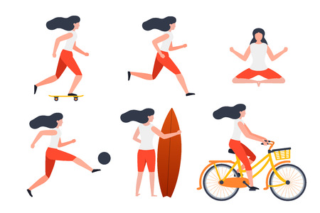 Vector set of girls in different summer activities - skate, running, yoga, football, surfing, cycling.のイラスト素材