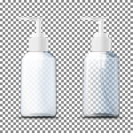 Vector 3d realistic transparent white plastic bottles with pump cap on plaid background. Mock-up for product package branding.のイラスト素材