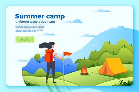 Vector bright camping banner template with tourist girl looking on bonfire near the tent, on bright summer background with mountains and forests. With place for your text.のイラスト素材