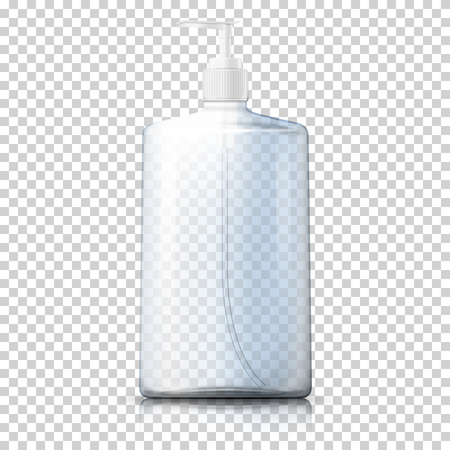 Vector 3d realistic transparent plastic bottle with pump cap on plaid background. Mock-up for product package branding.のイラスト素材