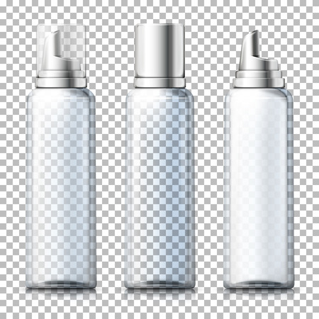 Vector set - 3d realistic foam bottles with silver and plastic caps on plaid background. Mock-up for product package branding.のイラスト素材