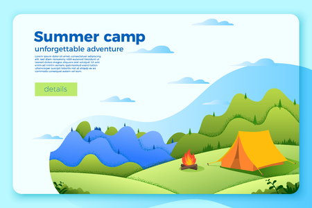 Vector bright camping banner template with bonfire near the tent, on bright summer background with mountains and forests. With place for your text.のイラスト素材