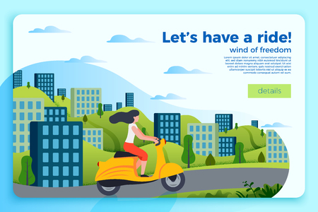 Vector bright banner template with girl on a motorbike. City and green hills on a bright blue background.のイラスト素材
