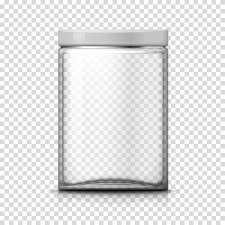 Vector 3d realistic big transparent glass jar on plaid background. Mock-up for product package branding.のイラスト素材