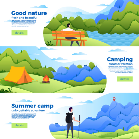 Vector set of bright banner templates with park, camp and mountain hike. Forest, river and mountains on soft background. With place for your text.のイラスト素材