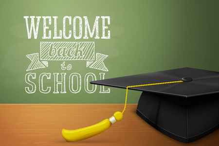 Vector Back to school banner with graduation cap on the table, on the blackboard background.のイラスト素材