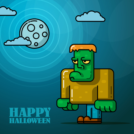 Happy Halloween full moon night card with Frankenstein. Vectorのイラスト素材