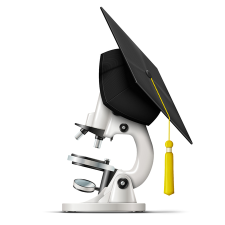 Vector realistic graduation cap hang on the microscope, as a symbol of a new graduated scientist. Isolated on white background.のイラスト素材