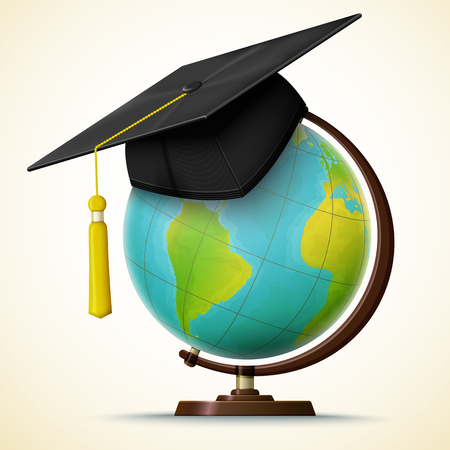 Vector realistic graduation cap hang on the globe with geographical mapのイラスト素材