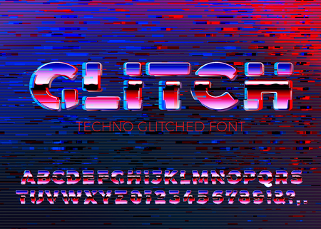 Vector gliched techno font with distortions, on dark broken screen background.のイラスト素材