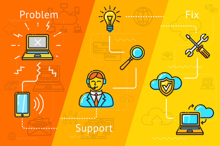 Vector banner about support, cloud computing, problem solving etc. Linear icons.のイラスト素材