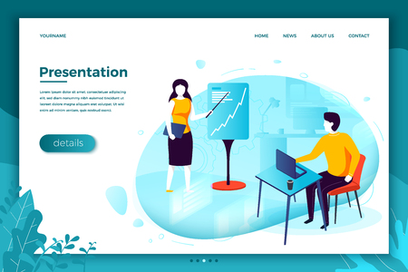 Vector concept illustration -  girl with presentation, meeting in office. Modern bright banner, site template with place for your text.のイラスト素材